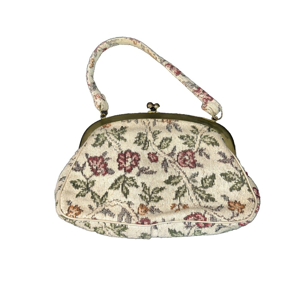 VTG Tapestry Clutch Handbag Purse Grannycore Floral Handle Lined Kiss Lock 1950s